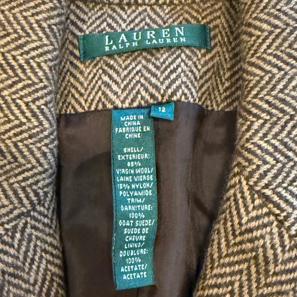 Lauren Ralph Lauren Brown Herringbone Wool-Blend Suede Detail Blazer Jacket - Picture 9 of 13